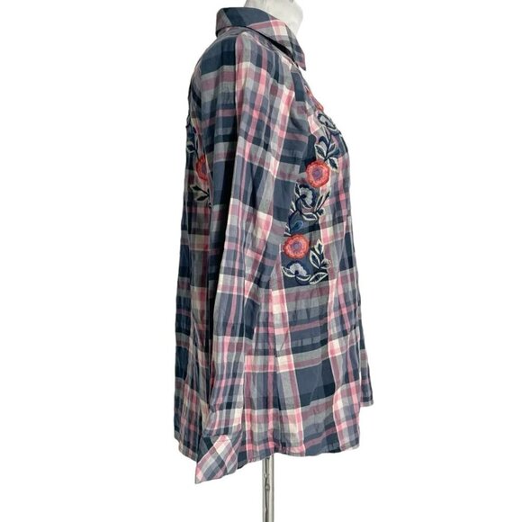 Tolani Collection Small Top Blouse Embroidered Boho Plaid - Picture 3 of 8